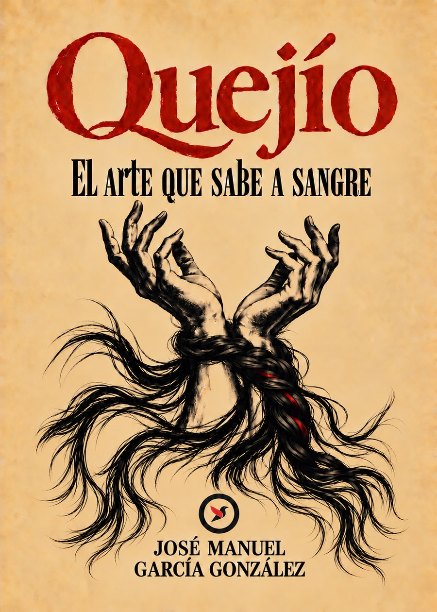 Cubierta de «Quejío»: sobre fondo de pergamino, el título en rojo y, debajo, dos manos alzadas atadas por las muñecas con una trenza de pelo negro, en grabado; abajo el nombre de José Manuel García González